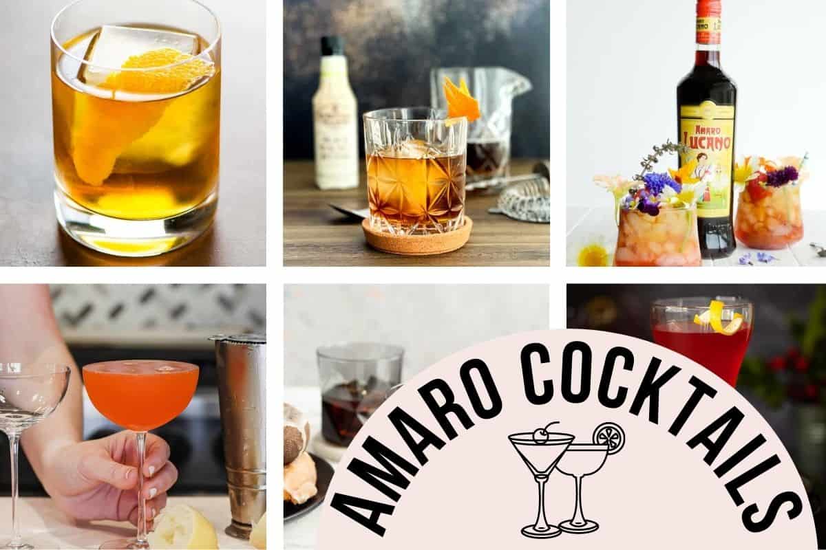 Text - Amaro Cocktails with an illustration of cocktail glasses over 6 different photos with cocktails made with amaro.
