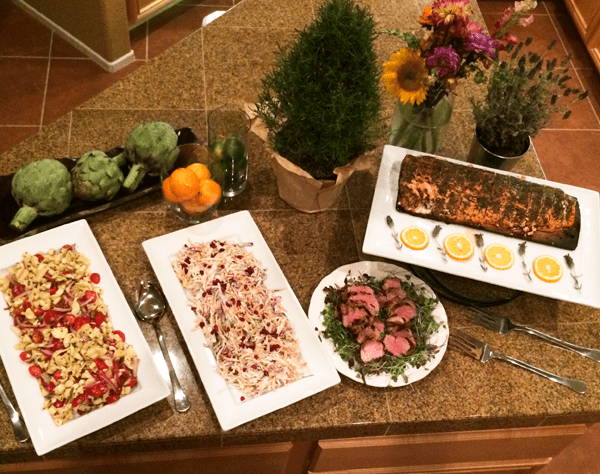 Family style meal served at a rental home in palm springs.