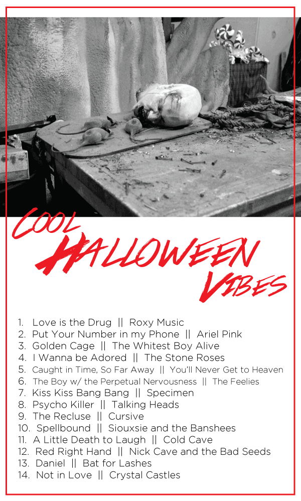 Creepy Halloween decorations on a table with text that reads: Cool Hallowee Vibes and lists songs for a playlist.