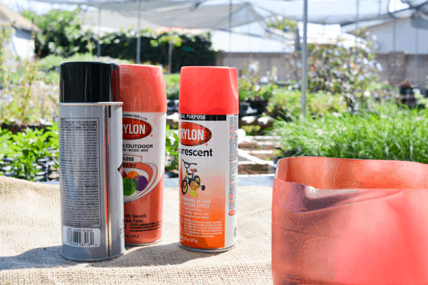 Cans of spray paint on a table next to an empty milk jug planter.