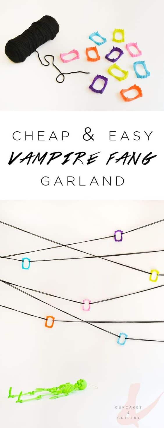 Looking for a cute Halloween decor idea? This DIY vampire fang garland uses cheap plastic teeth and can be made in just a few minutes! 