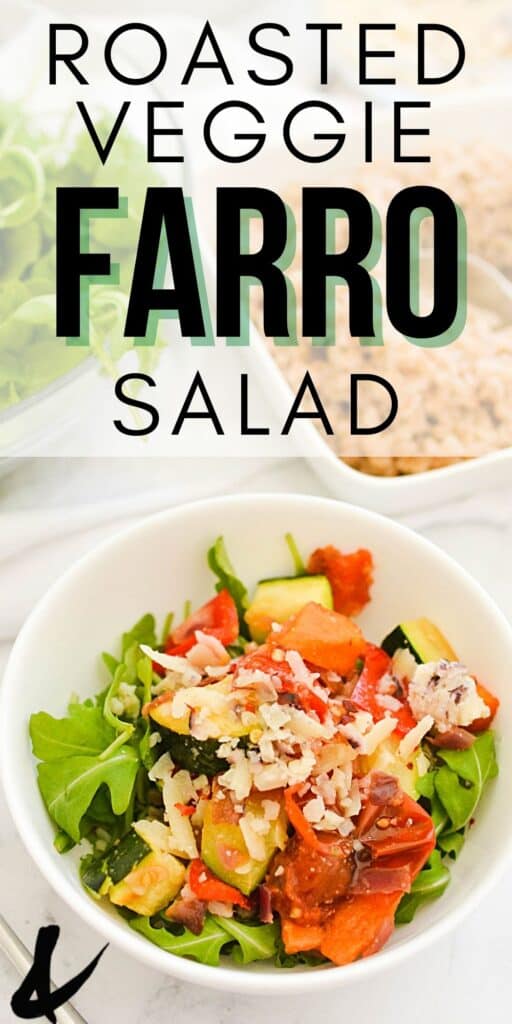 Close up of a Roasted Vegetable Farro Salad with Arugula.