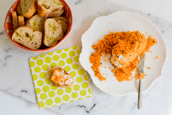 Cheeto and Rosemary Crusted Goat Cheese Log Appetizer for holiday parties.