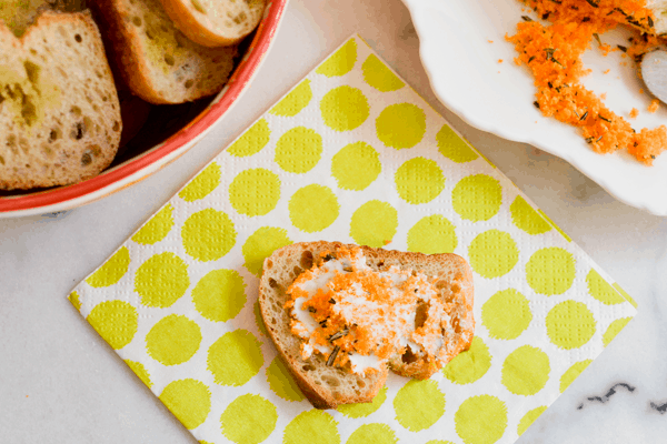 Cheeto and Rosemary crusted goat cheese appetizer.