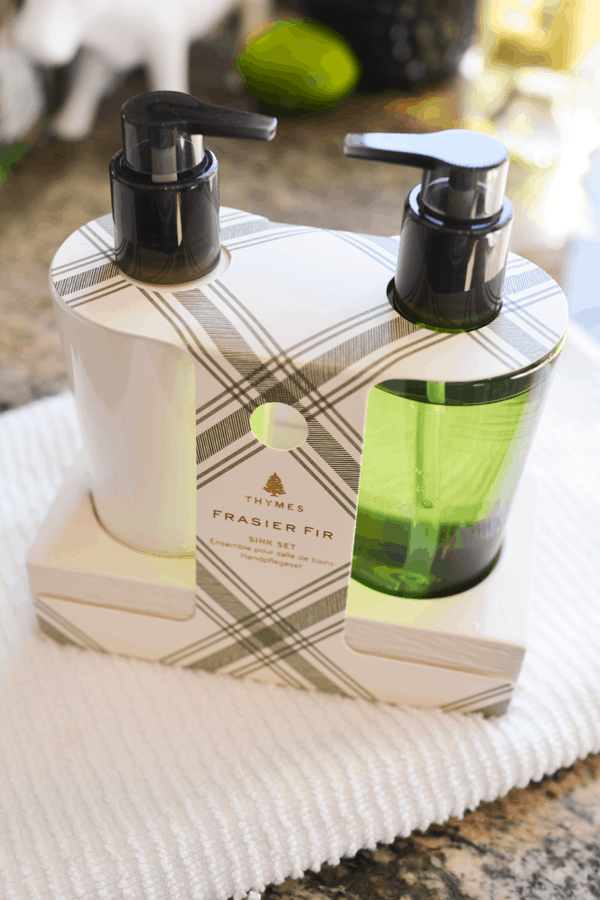 Pine hand soap and lotion set for a holiday kitchen.