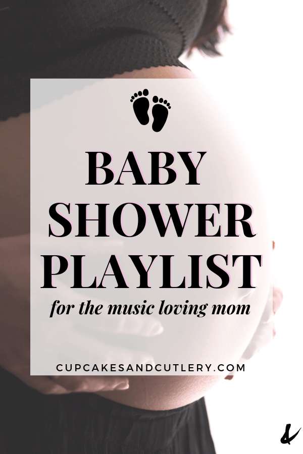 Text: Baby Shower Playlist for the musci loving mom over the image of a pregnanat woman holding her belly.