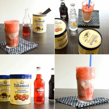 A collage of images showing an ice cream float bar with ice cream, flavored soda and glasses full of floats.