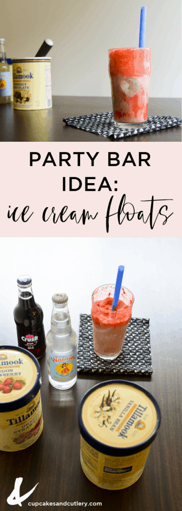 Items to make ice cream floats for a party bar with text overlay.