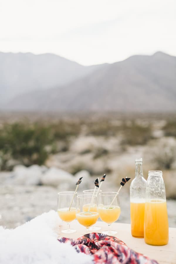 Footed glasses and bottles of champagne punch outside on a table. 