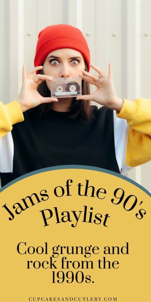 Girl in red beanie with text underneath for a 90's rock playlist.