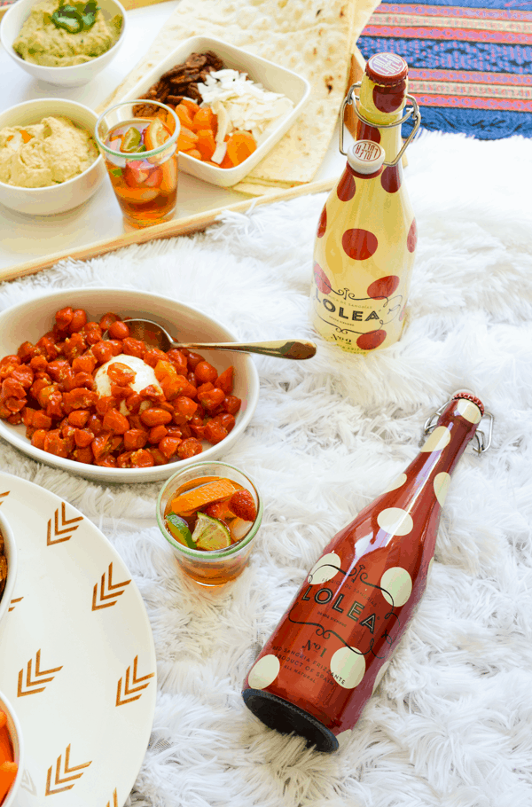 Hummus Picnic idea with tea sangria and Lolea sparkling sangria.