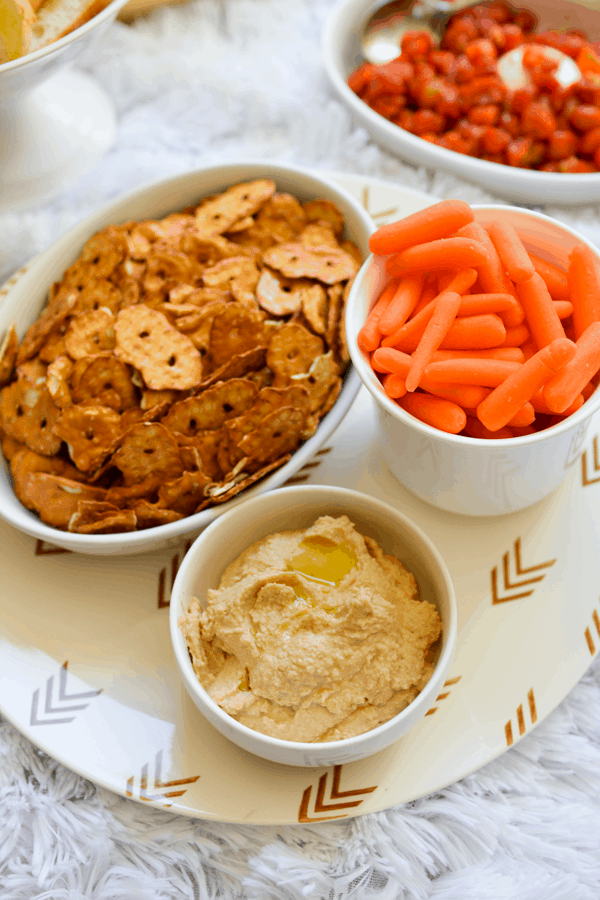 Hummus and pretzel and carrot dippers for a party. 