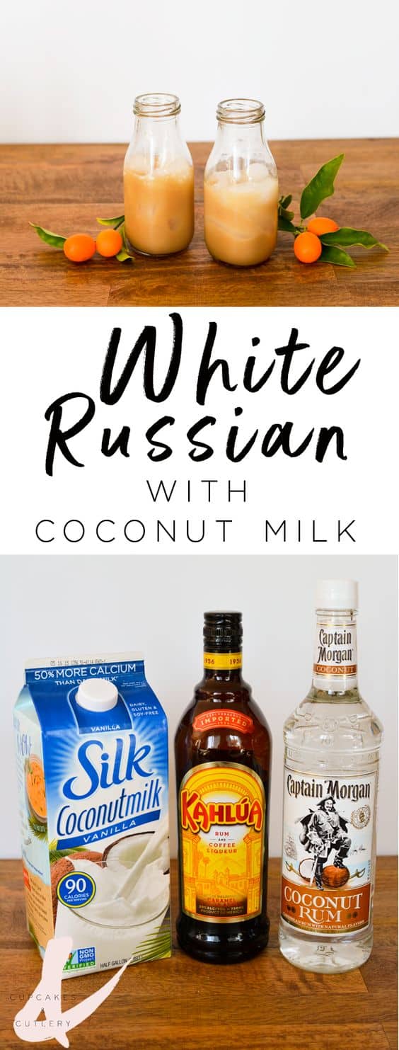 The best non dairy White Russian cocktail recipe with rum! The coconut milk and Kahlua make this easy drink perfect for any occasion (but especially brunch). #cocktails #cocktailrecipes #drinkrecipes #cupcakesandcutlery #brunch #whiterussian