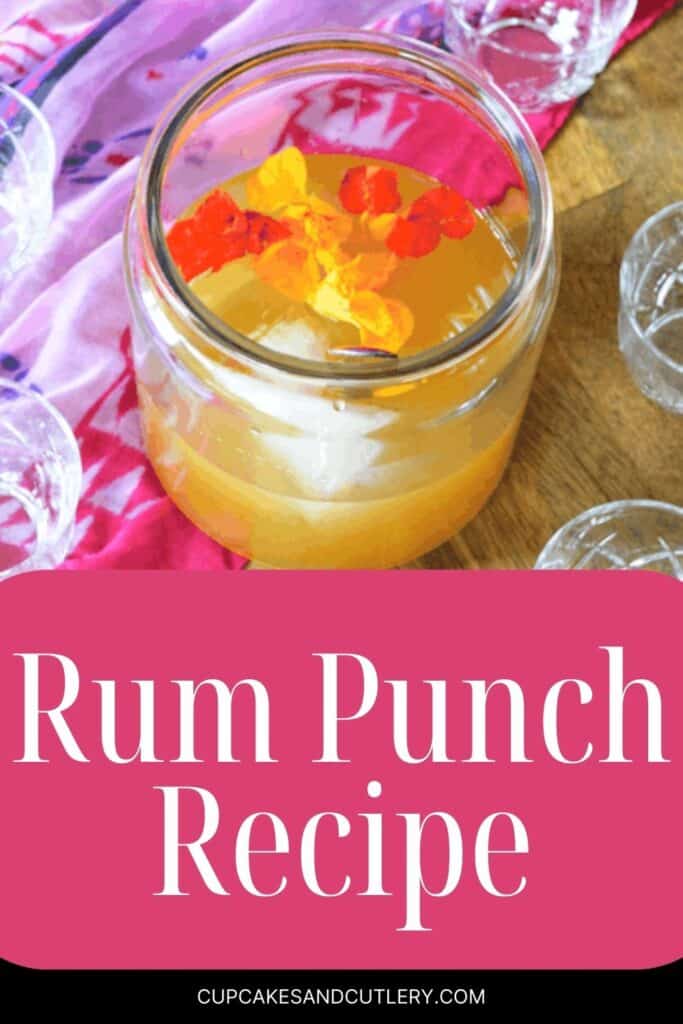 Text: Rum punch recipe under an image of punch in a glass.