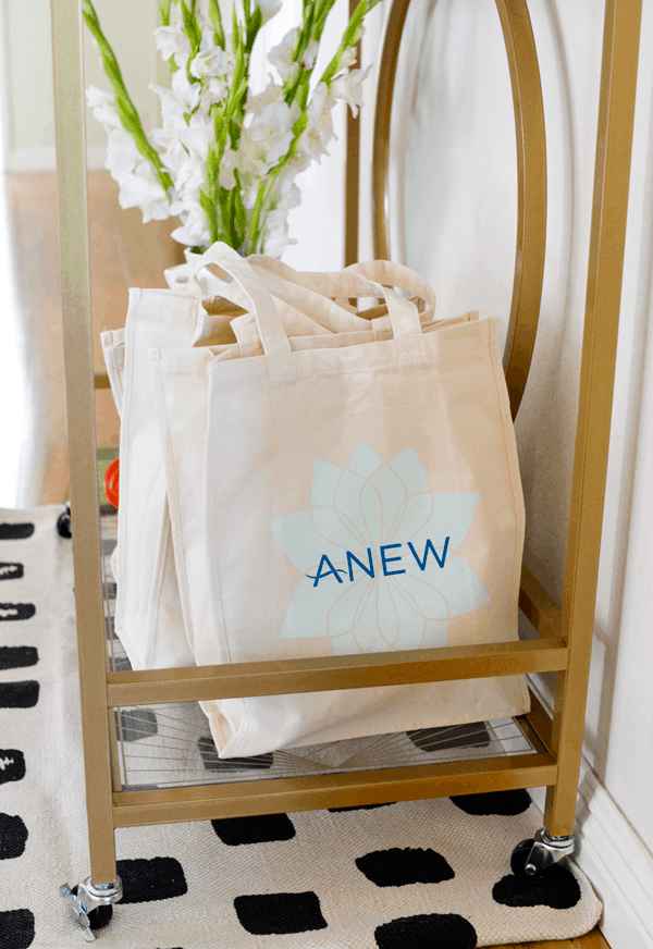 Canvas bags that say "anew" lined up on the bottom of a bar cart. 