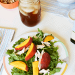 My favorite weeknight meal idea is this no-cook peach arugula and burrata salad. I use store-bought rotisserie chicken to add extra protein!