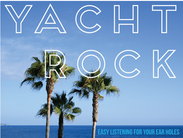 A photo of the ocean and palm trees with text overlay for a yacht rock playlist.