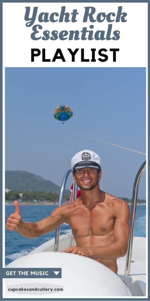 Man driving a boat with a Captain's hat on and a thumb's up with text around it.