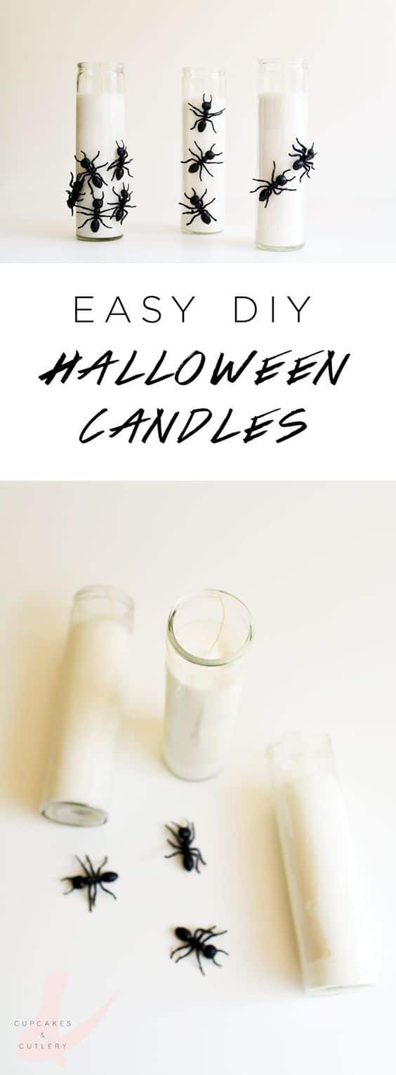 These easy homemade Halloween candles make the perfect creepy decoration! Plus they're cheap to make and can be made with items from the dollar store! 