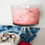 Jello and angel food cake strawberry dessert in trifle bowl
