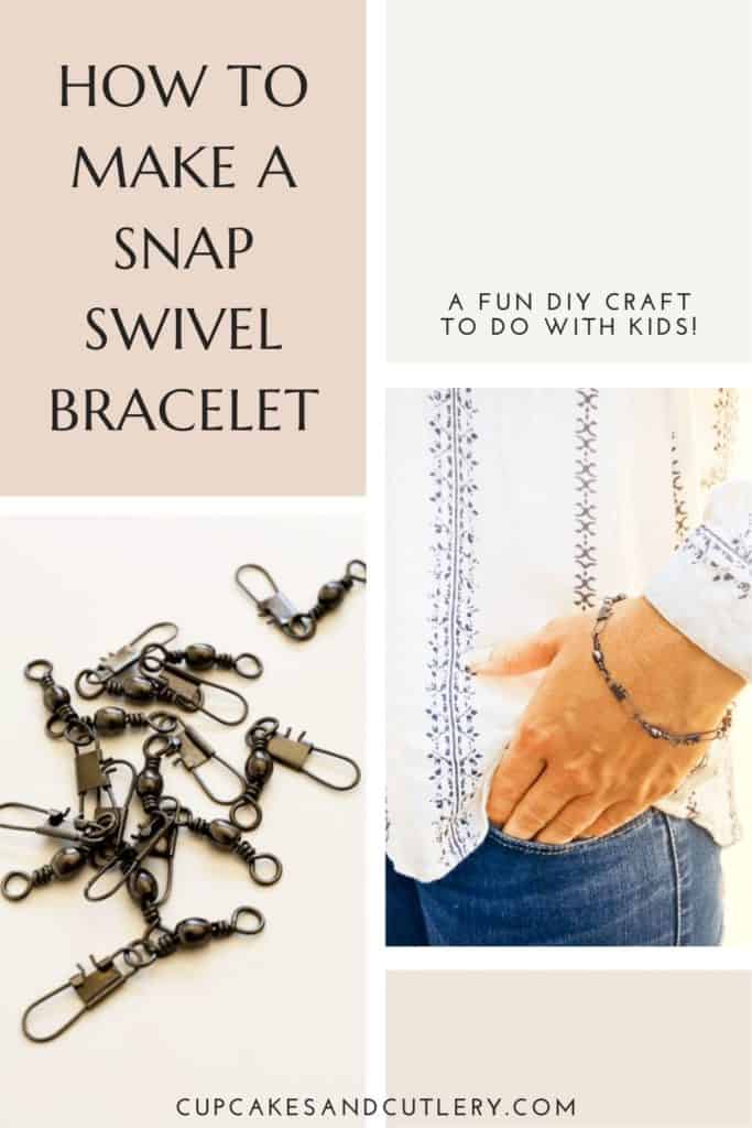 A collage of images including a picture of snap swivels and the finished homemade bracelet on a woman's arm.