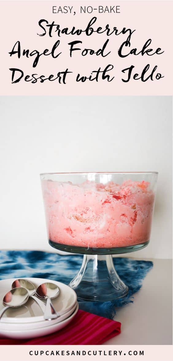 This easy, homemade strawberry jello cake dessert recipe is my go-to for family parties and potlucks. Store-bought angel food cake and whipped cream make this quick to make and delicious to eat! It's only a little bit harder than a dump cake! #dessert #dessertrecipes #sweattreets #strawberrydessert #strawberries