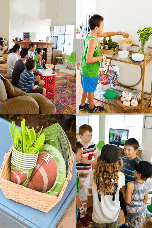 Collage of images of a homegating football party.