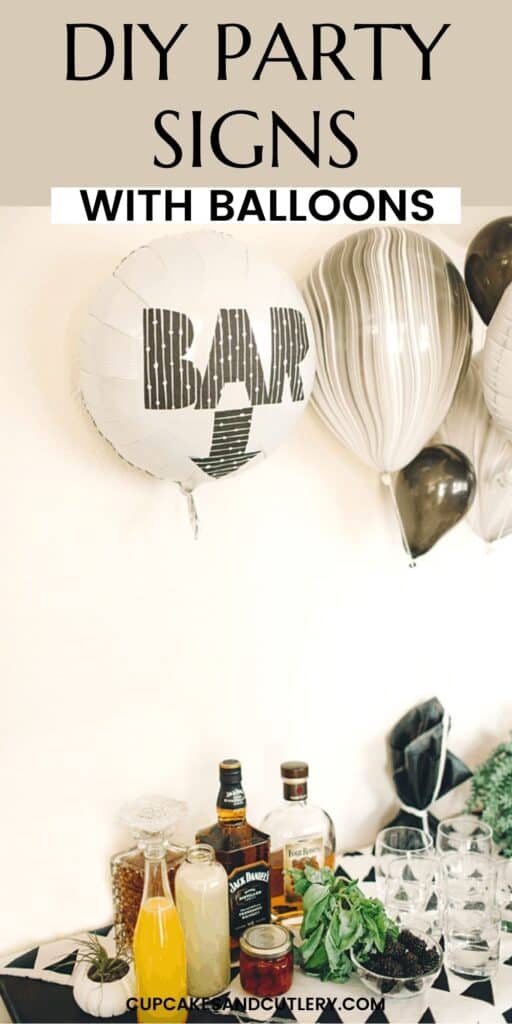 A white mylar balloon with the words 'bar' on it for a DIY party decoration.