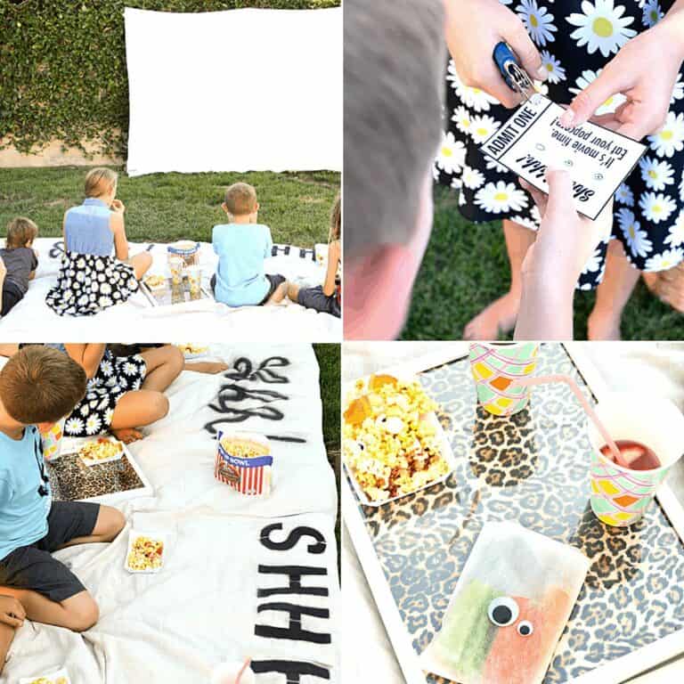 Collage of images for an outdoor movie party with kids.