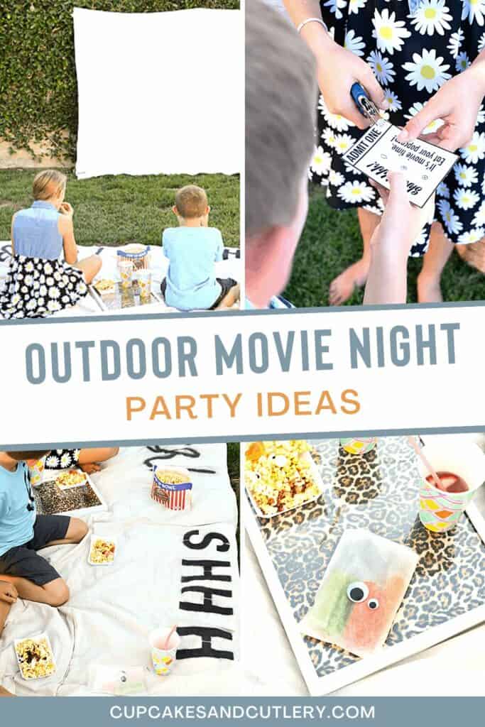 Text - Outdoor Movie Night party ideas with a collage of party images.