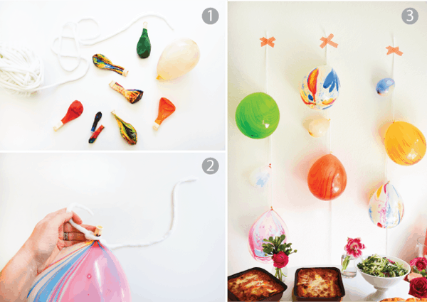 3 photo collage with a step by step instructions for making a colorful balloon party decoration on a wall.