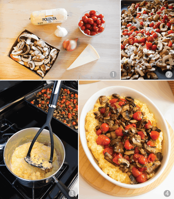 I love this fast polenta recipe with roasted mushrooms and tomatoes. You start with polenta-in-tube and then roast vegetables with a little garlic, then top it with parmesan cheese to finish it off! It's a great vegetarian recipe! And a great easy dinner idea! #ad