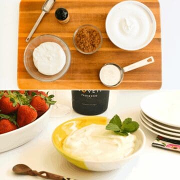 Square collage of two images - one of ingredients and the other of finished strawberries romanoff dip.