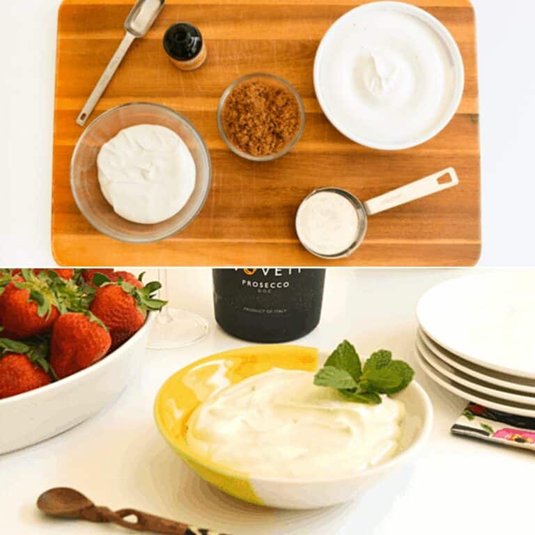 Square collage of two images - one of ingredients and the other of finished strawberries romanoff dip.