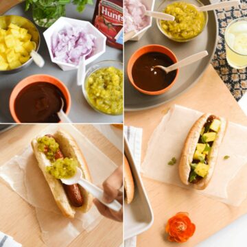 Collage of images from a hot dog bar for a party.