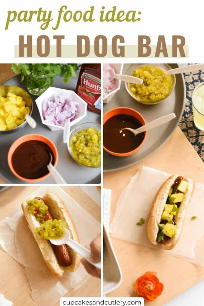 Text - party food idea: hot dog bar with images of hot dog and toppings for a bbq party.