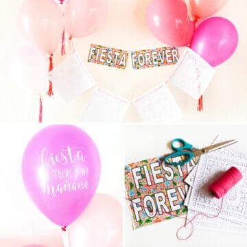 Balloon decoration with a sign that says "fiesta forever" with pink balloons and a banner that resembles papel picado.