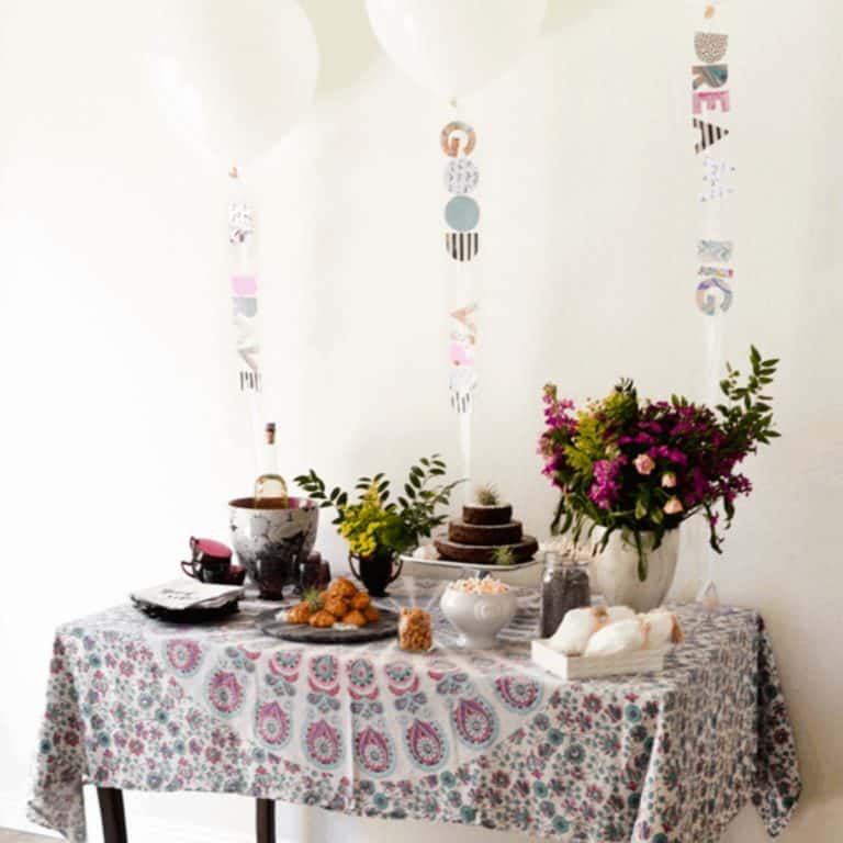 Balloon backdrop for a boho baby shower.