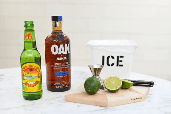 Ingredients for an Absolut Oak Moscow Mule.