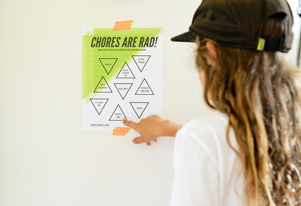 Kid looking at the chore list taped on the bedroom wall. 