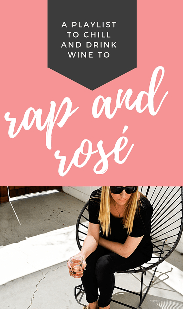 A photo of a woman drinking rosé on a patio with text over it that says "rap and rosé."