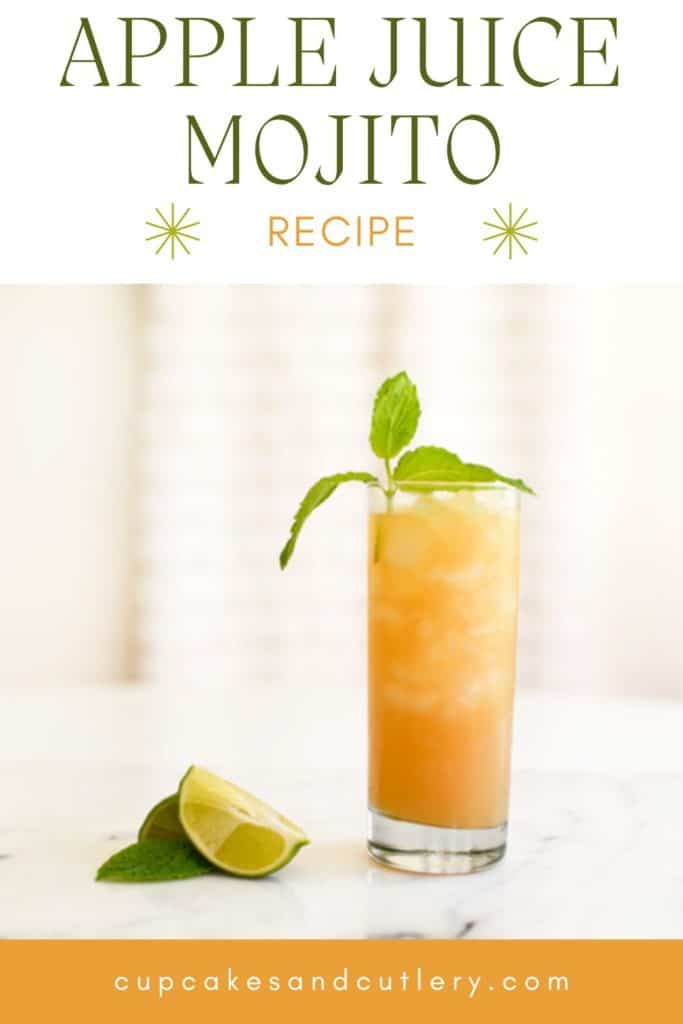 An Apple Mojito in a cocktail glass on a table with text that says "apple juice mojito recipe".