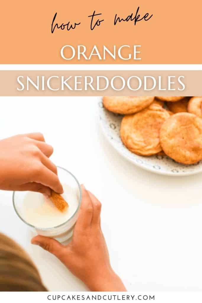 Kid dipping a Snickerdoodle with orange zest into a glass of milk.