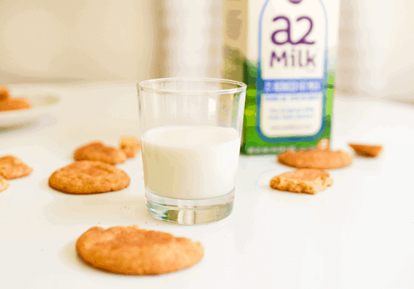 A glass of milk on a table surrounded by Snickerdoodles infused with orange zest.