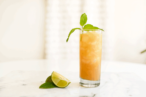 Apple mojito recipe with apple juice and mint in a cocktail glass on a table. 