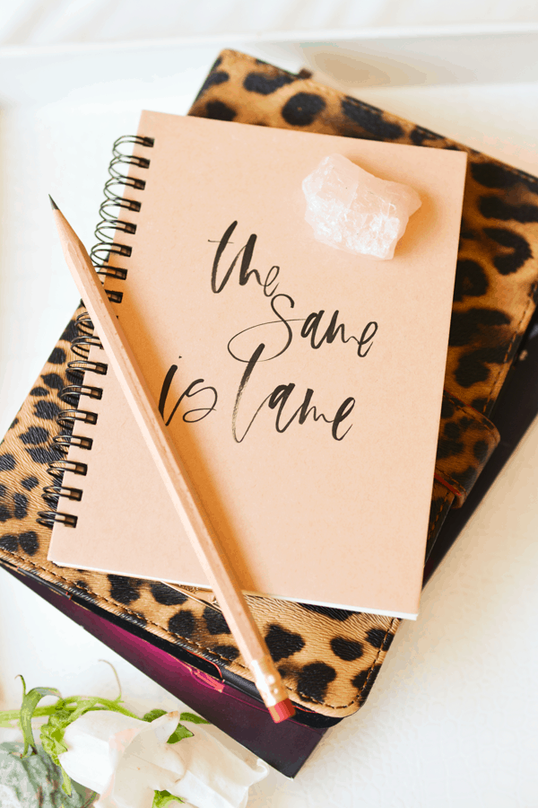 A notebook on a tray with the words "the same is lame" with a pencil and a crystal sitting on top of it. 