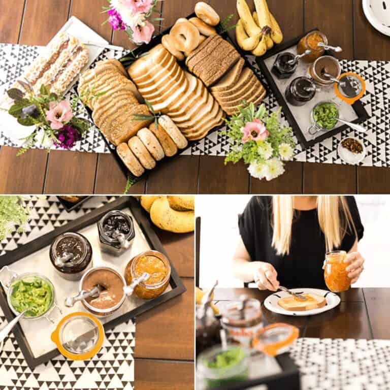 Photos of a brunch with a toast bar, a tray of jams and a woman spreading jam on a piece of toast.