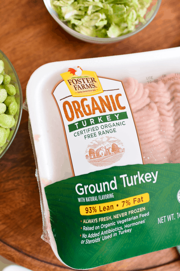 Close up of Foster Farms Ground Turkey packaging for a ground turkey stir fry recipe.