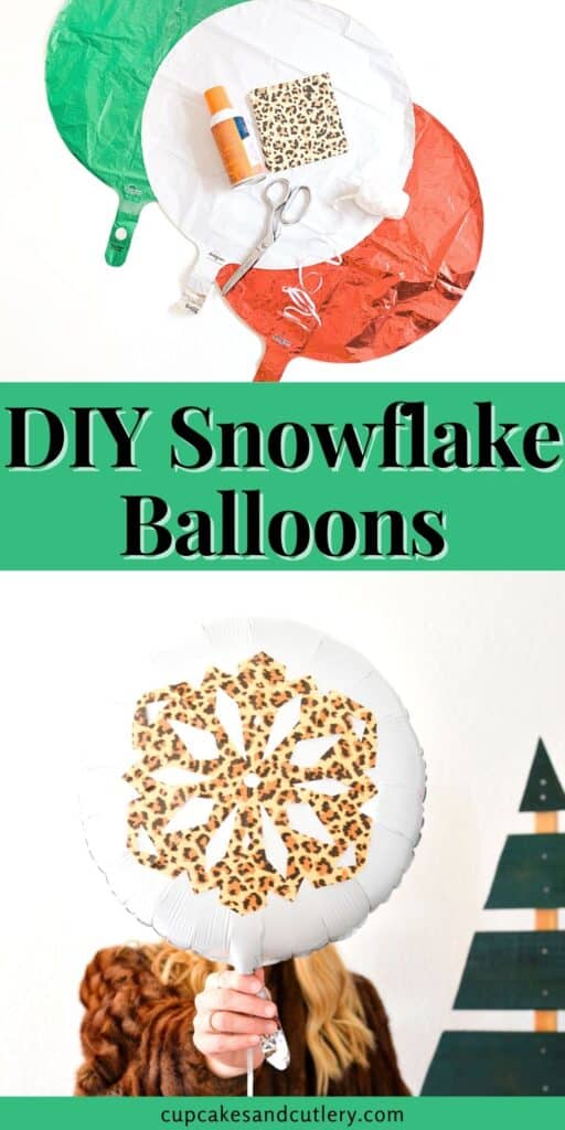 Collage of images of supplies to make and diy snowflake balloons.