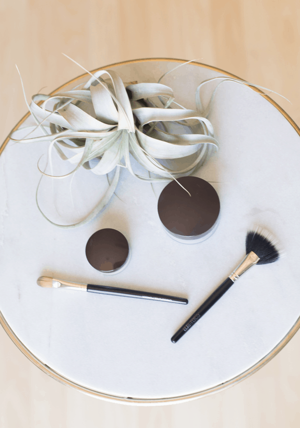 Powder products and brushes on a table with an airplant. 